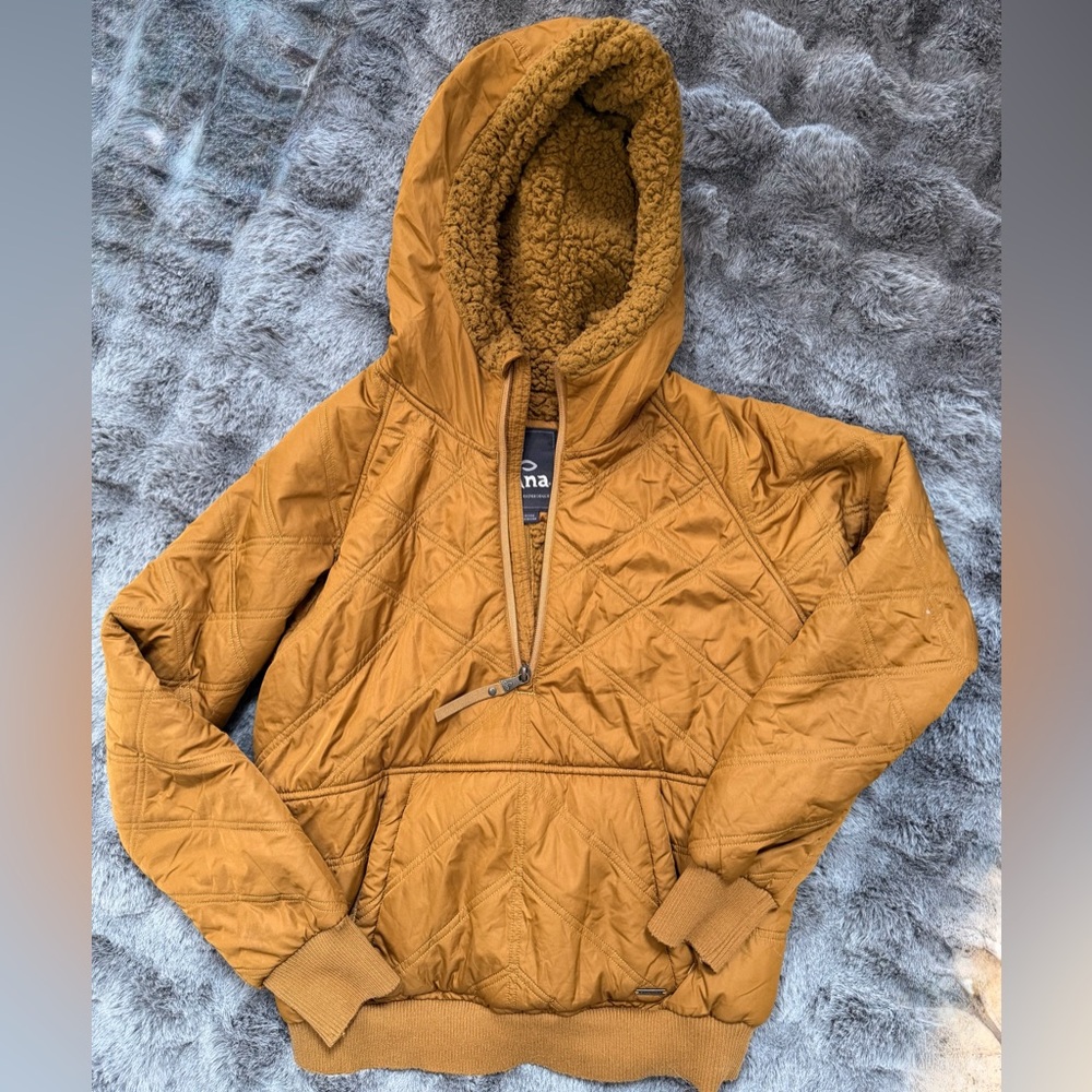 Prana Zip-up Coat Quilted Puffer Mustard Gold Sherpa Hood Size XS